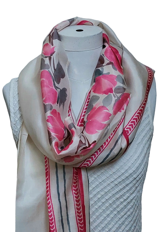 Handpainted Silk Stole– Pink Peony Power