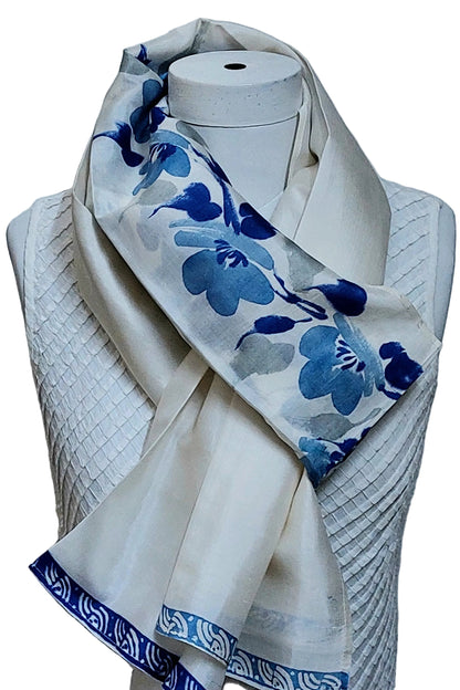 Handpainted Silk Stole– Blue Basant Bliss